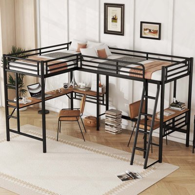 Lit mezzanine en métal avec deux bureaux intégrés pour économiser de l'espace et dormir dans une chambre à coucher moderne