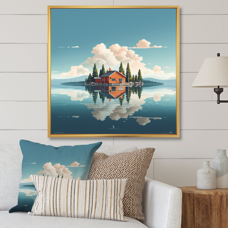«Scenic Lake House Tranquility», reproduction sur toile, Cadre flottant doré, H 30 po x l 30 po x P 1 po