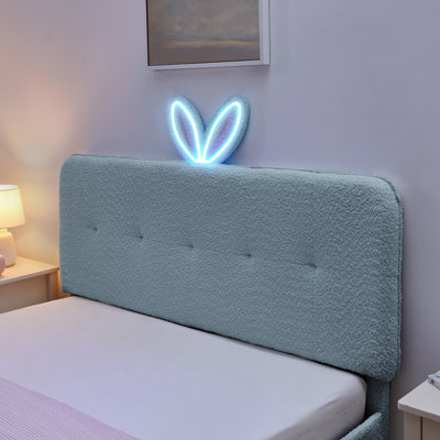 Grand lit tapissier pour enfant avec tête de lit surdimensionnée pour oreilles de lapin, lumière DEL et 4 tiroirs de rangement, tissu bouclé (84,5 po x 62,75 po x 41 po)