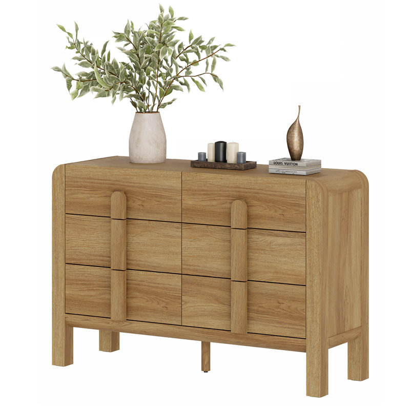 Commode 6 tiroirs Mid-Century pour chambre à coucher, commode large moderne à profil incurvé, rangement en bois pour garde-robe de chambre à coucher, salon