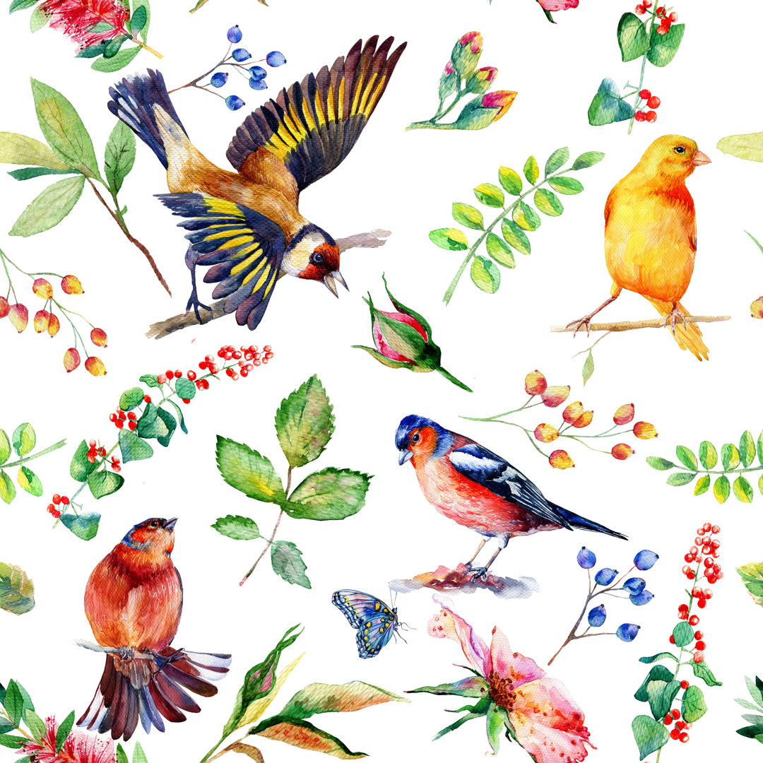 Leinwandbild Pattern with Flowers, Leaves, and Birds von Innakote