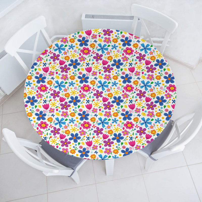 Ebern Designs Floral Fitted Round Tablecloth Diameter Multicolor