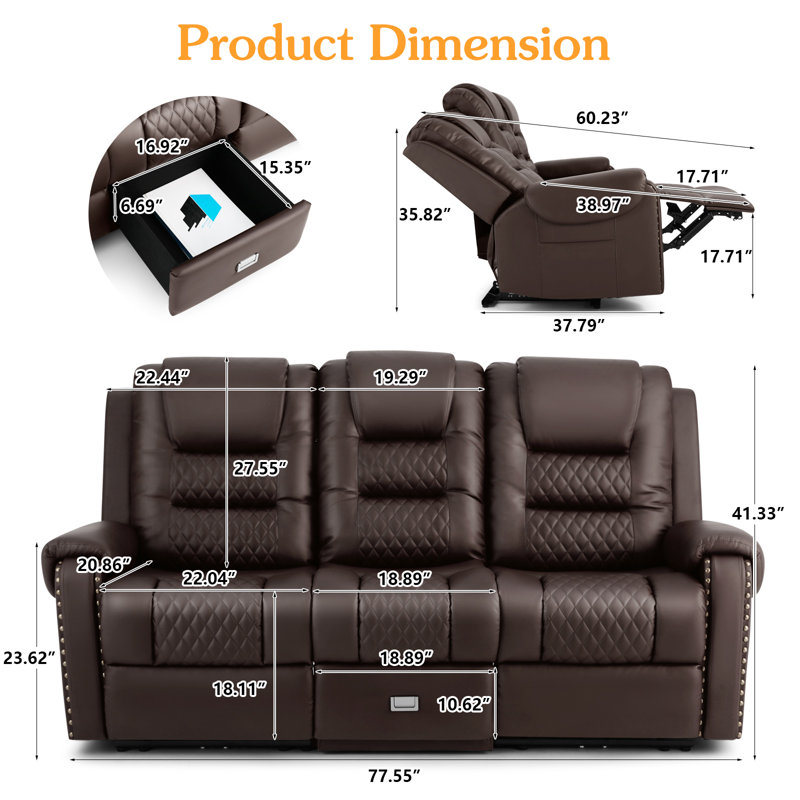 Fauteuil inclinable en cuir 3 places avec massage à 8 points et boîte de rangement, fauteuil de massage à 3 sièges d'une largeur de 77,55 po avec charge USB