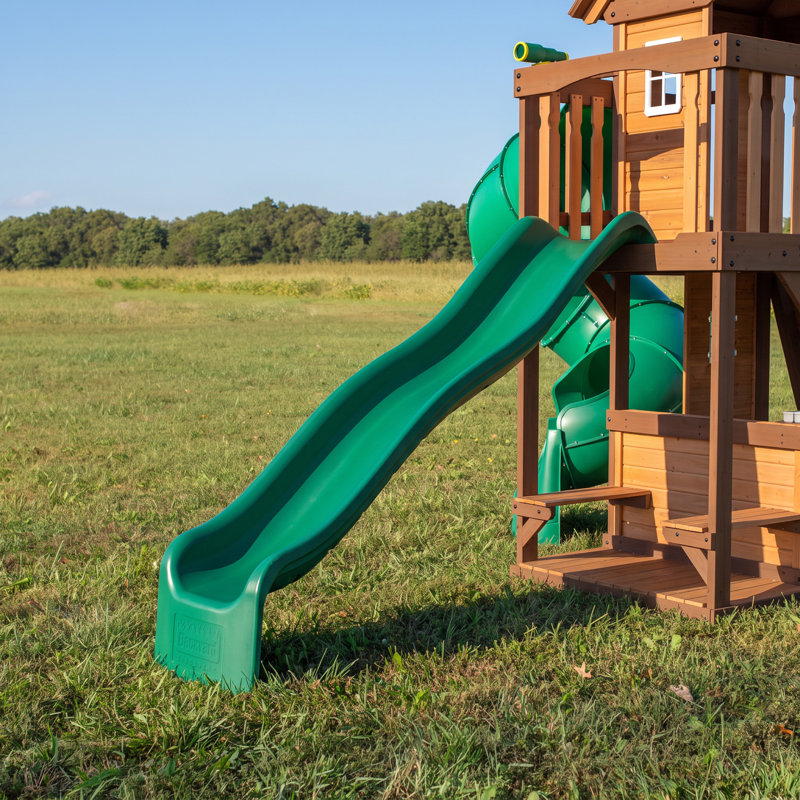 Backyard Discovery Cedar Cove Cedar Wood Swing Set with Elevated Clubhouse, Two Slides, Rock Wall, Web Disc Swing & Playhouse