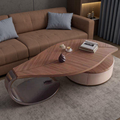 Table basse en forme de feuille avec tiroir en cuir de noyer et base de rangement en acier