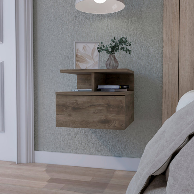 Floating Nightstand With 2-Tier Shelf And 1-Drawer, Dark Walnut