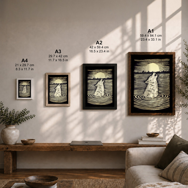 Howling Wolf In Moonlight Japandi - Print, A4 - 29.7 x 21.0 cm, White