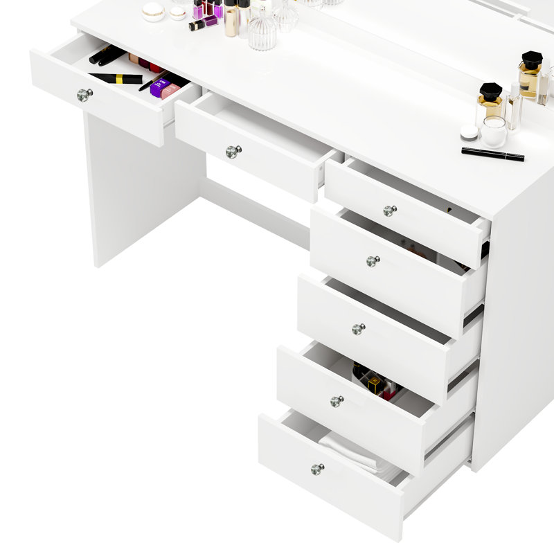 Boahaus Selene Modern White Lighted Vanity Table with 7 Drawers