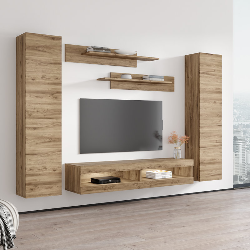 Meuble audio-vidéo mural flottant moderne de 100 po avec éclairage à DEL 16 couleurs, finition ultrabrillante, Chêne