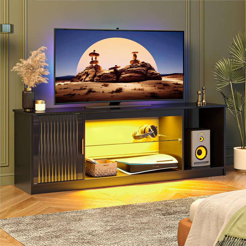 57" Modern Media Console with Adjustable shelf, LED Fluted TV Stand for 65 Inch TV, Glossy TV Console with Cabinet , Black