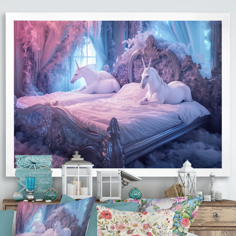 Lit de licorne gracieuse I sur toile, H 24 po x l 32 po x P 1 po, Cadre simple blanc