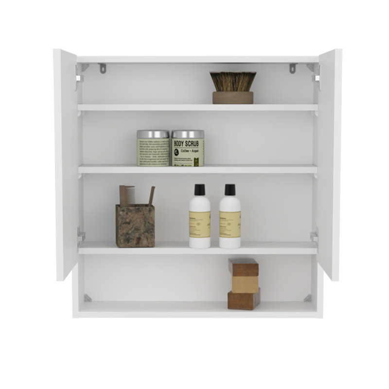 Armoire à pharmacie à double porte avec portes en miroir et tablettes intérieures, blanc