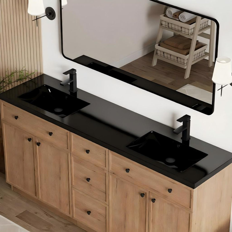 Comptoir de meuble-lavabo simple 48 po en résine intégrée noire avec robinet en alliage de zinc et bonde escamotable en laiton massif