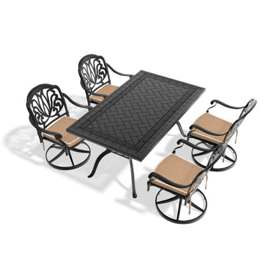 5 chaises en aluminium coulé pour l'extérieur: 4 chaises pivotantes et une table rectangulaire, noir, finition exquise, endroit de repos confortable, résistance aux intempéries, protégé, coussins, facile à assembler