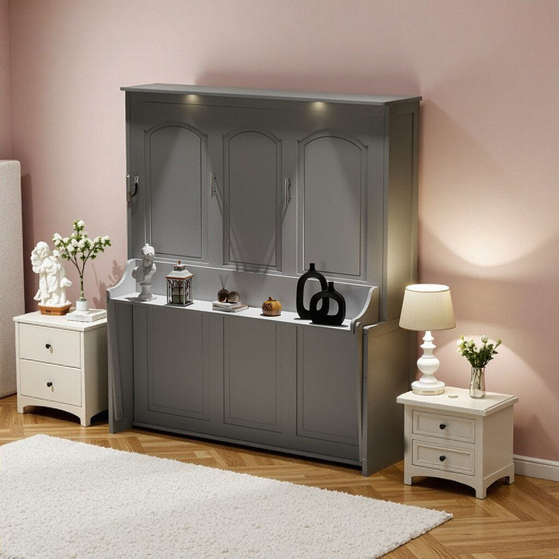 Grand lit escamotable avec éclairage DEL et charge USB, Gris
