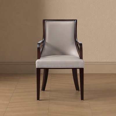 Grand Traditional Vegan Leather Upholstered Beech Wood Dining Arm Chair in Light Gray