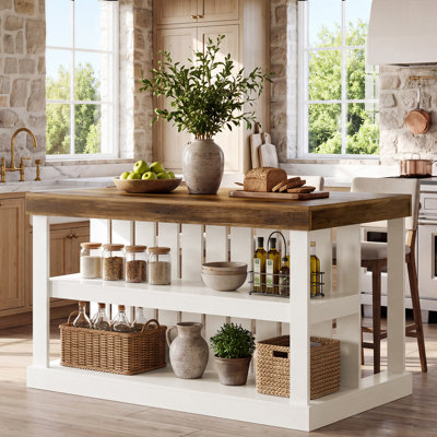 Îlot de cuisine de 140 cm avec rangement, table îlot fixe autoportante à 3 niveaux de style champêtre pour cuisine et salle à manger