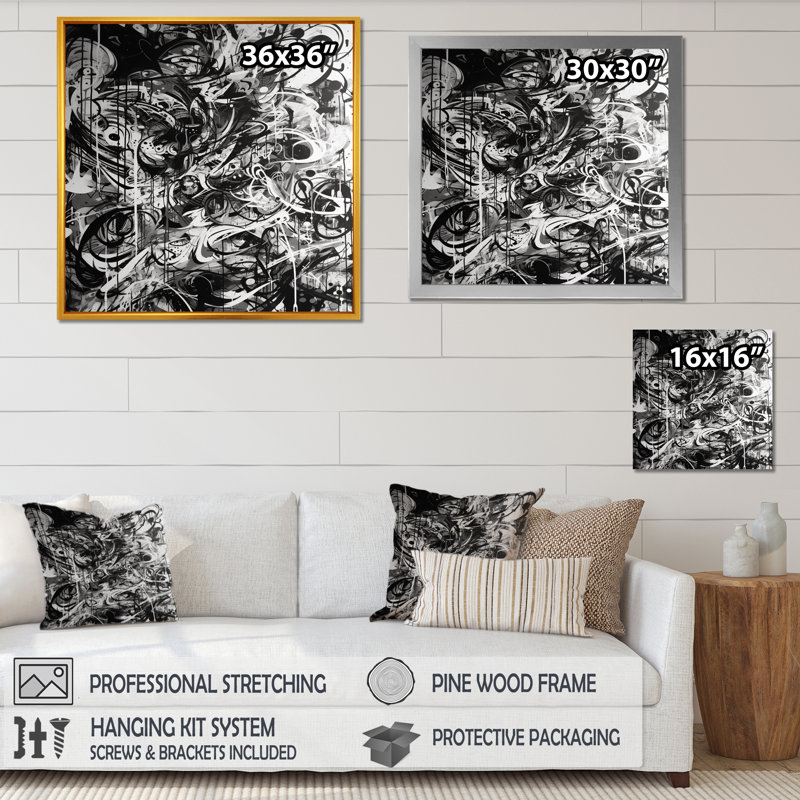 «Black and White Graffiti Cosmic I», reproduction sur toile, H 36 po x l 36 po x P 1,5 po, Toile tendue