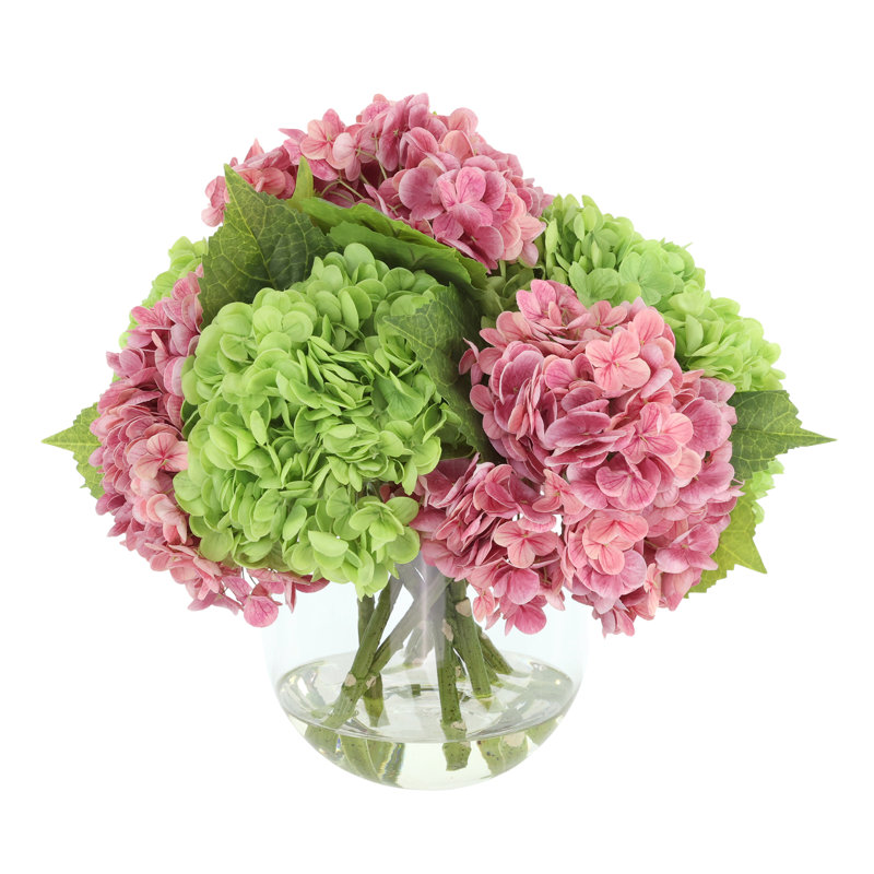 Real Touch Hydrangeas Arranged in Glass Vase, Pink/Green