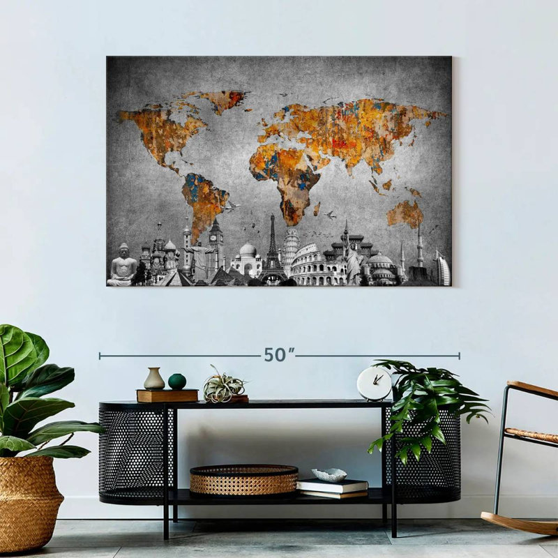 Impression sur toile, "Carte du monde colorée", H 32 po x l 48 po x P 1,25 po