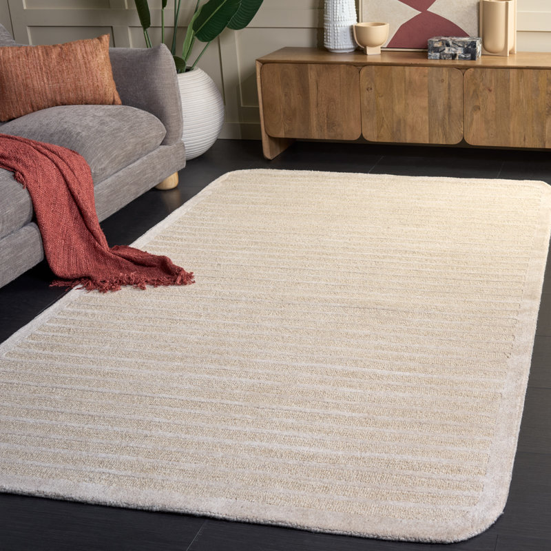 Ebony Hand Tufted Wool/Cotton Striped Rug in Beige/Ivory, Rectangle 5' x 8'