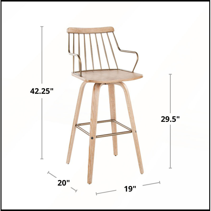 Tabouret de bar pivotant à hauteur fixe avec bois blanchi et cuivre antique pour cuisines et bars de ferme