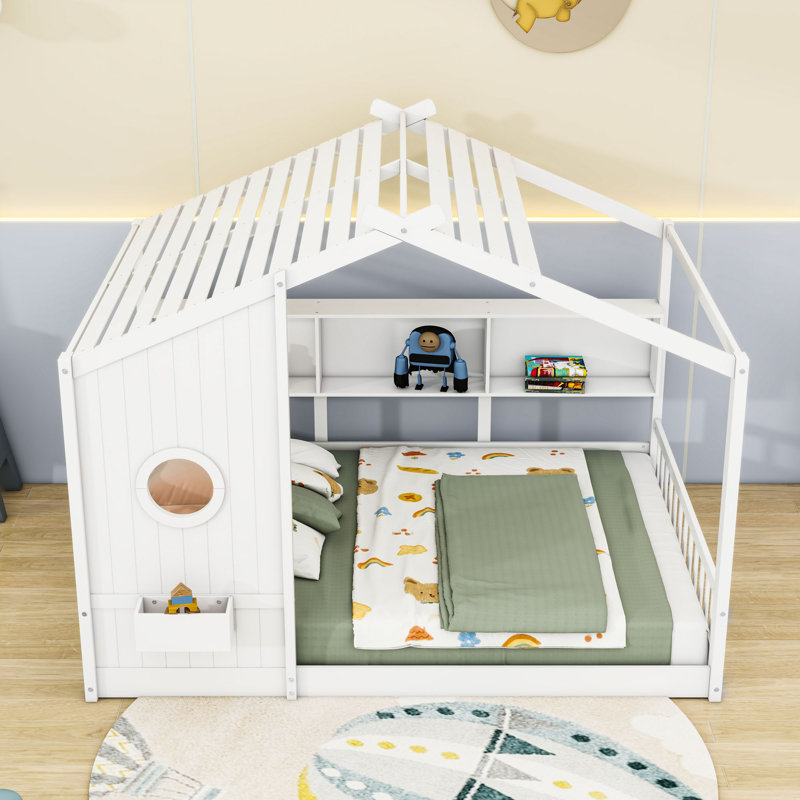 Lit sur pied avec tablette de rangement, Double, Blanc
