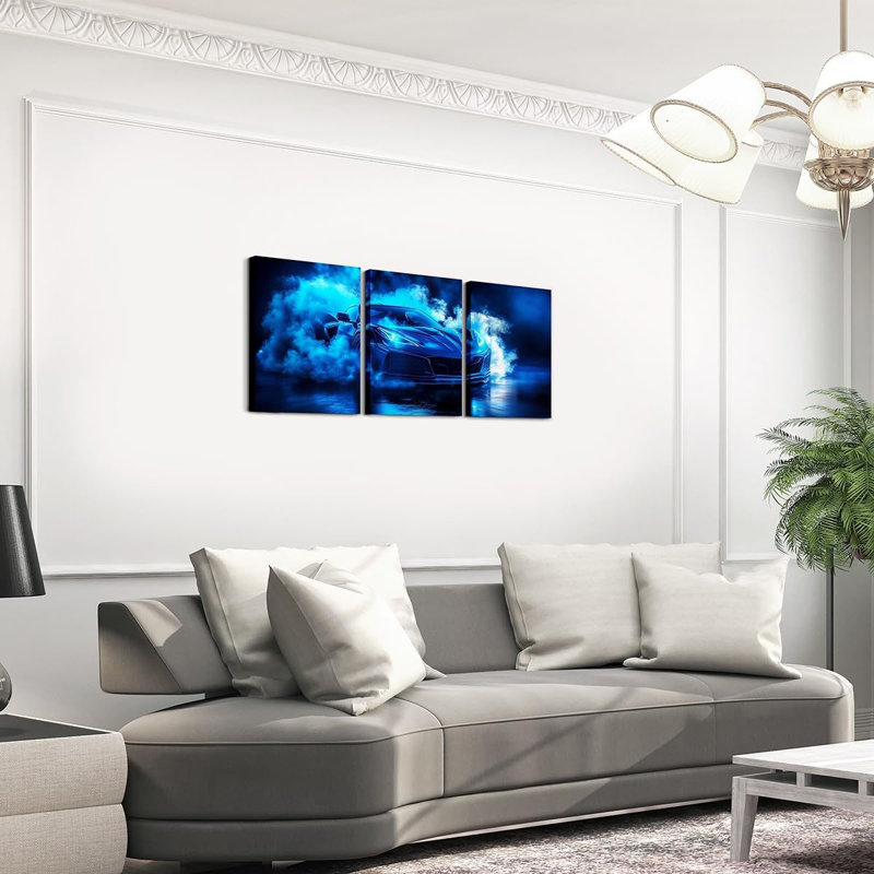  Sports Car Canvas Wall Art Set Of 3,Cool Blue Race Car Wall Art For Kids Teens,3D Foggy Racing Cars Decor,Extreme Sports Theme Poster Prints Racing Games Race Cars,12X16