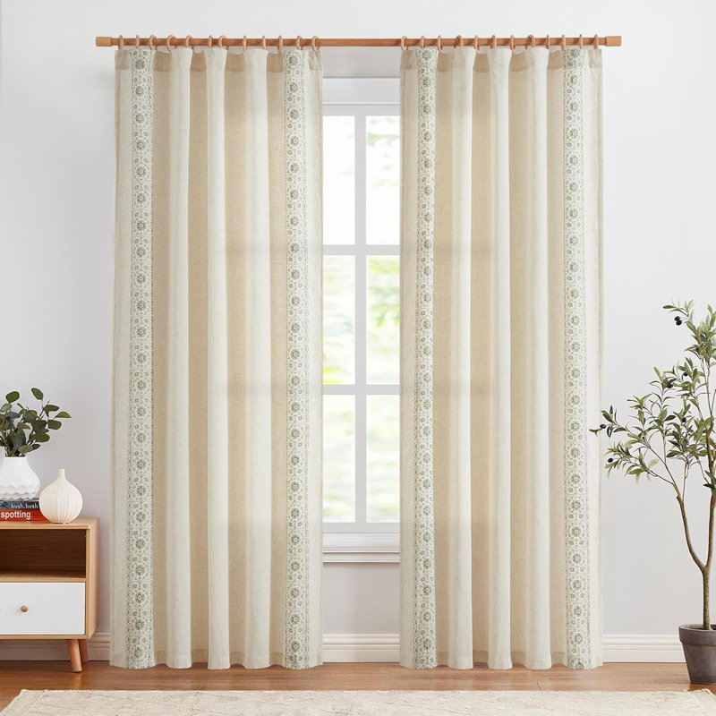 Linen Blend Embroidered Floral Farmhouse Curtains Curtains for Bedroom, Sage, 54" W x 84" L