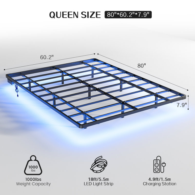 Kathrene Floating Metal Bed Frame with LED Lights and Charging Station, Open-Frame, Underbed Storage Space No Box Spring