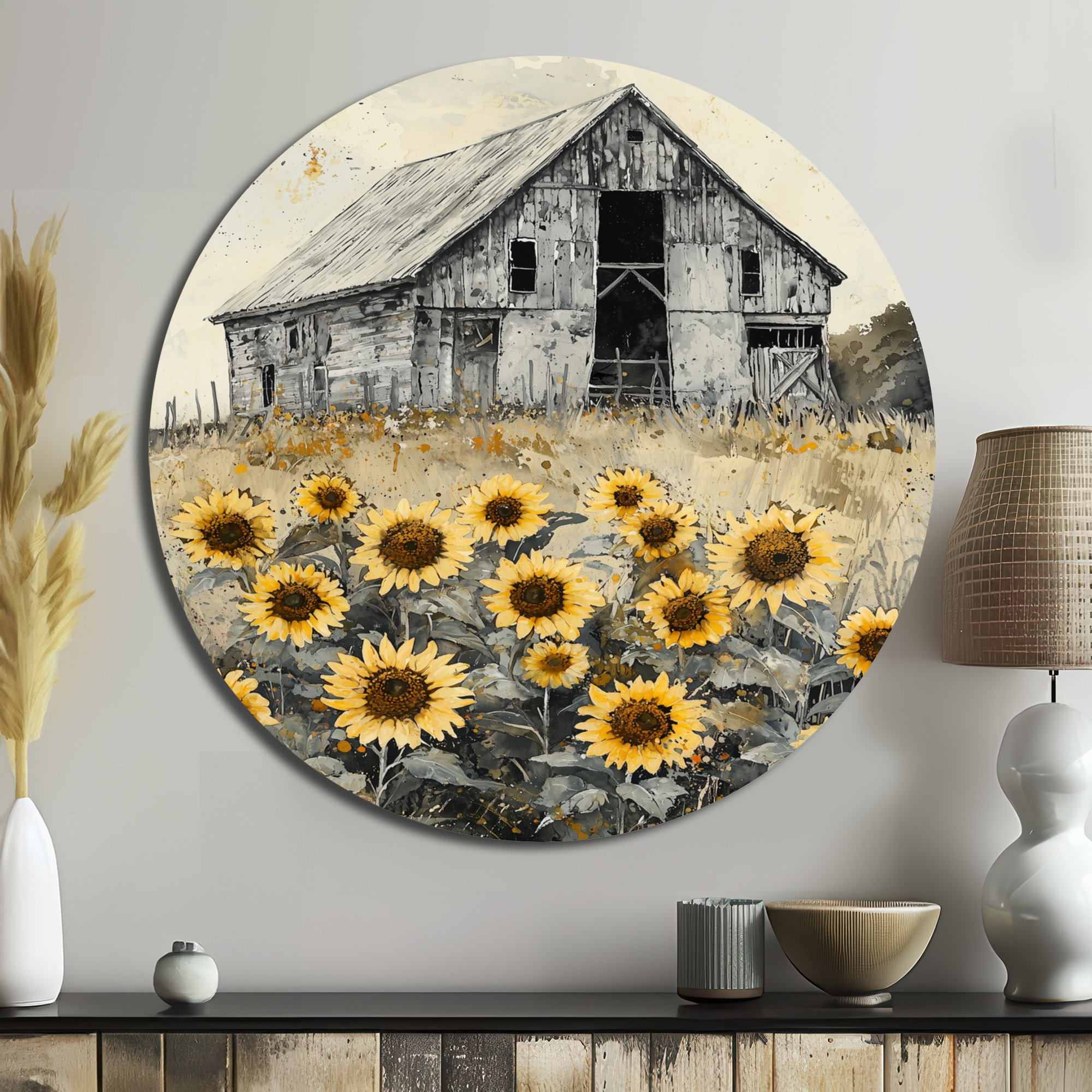 August Grove Vintage Sunflowers And The Milking Barn - Sunflowers Round ...