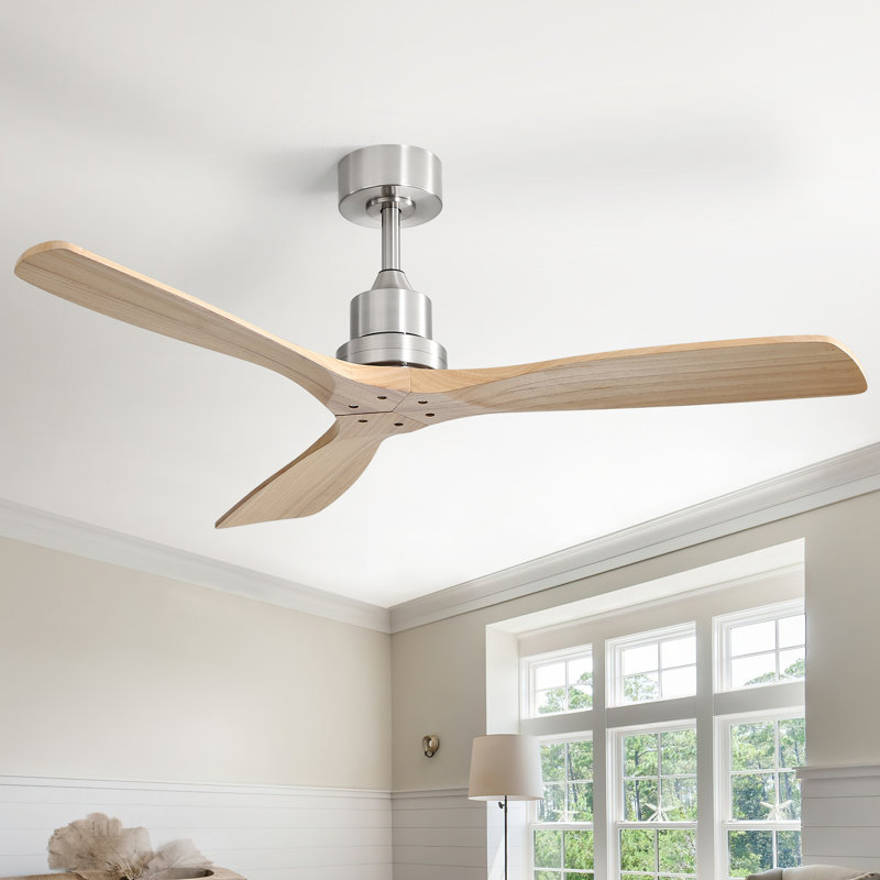 Sofucor Kemp 52" 3-Solid Wood Blade Classic Ceiling Fan with Remote Control and No Lights, Nickel&Beige
