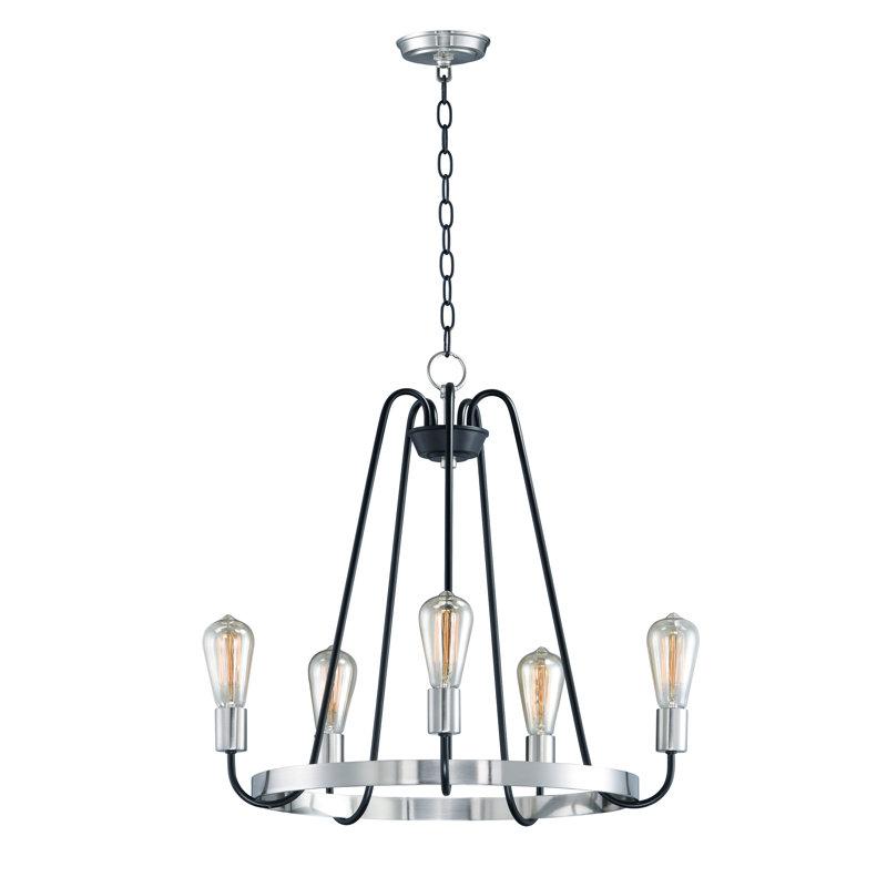 5 - Light Waggon Wheel Chandelier, Black/Satin Nickel