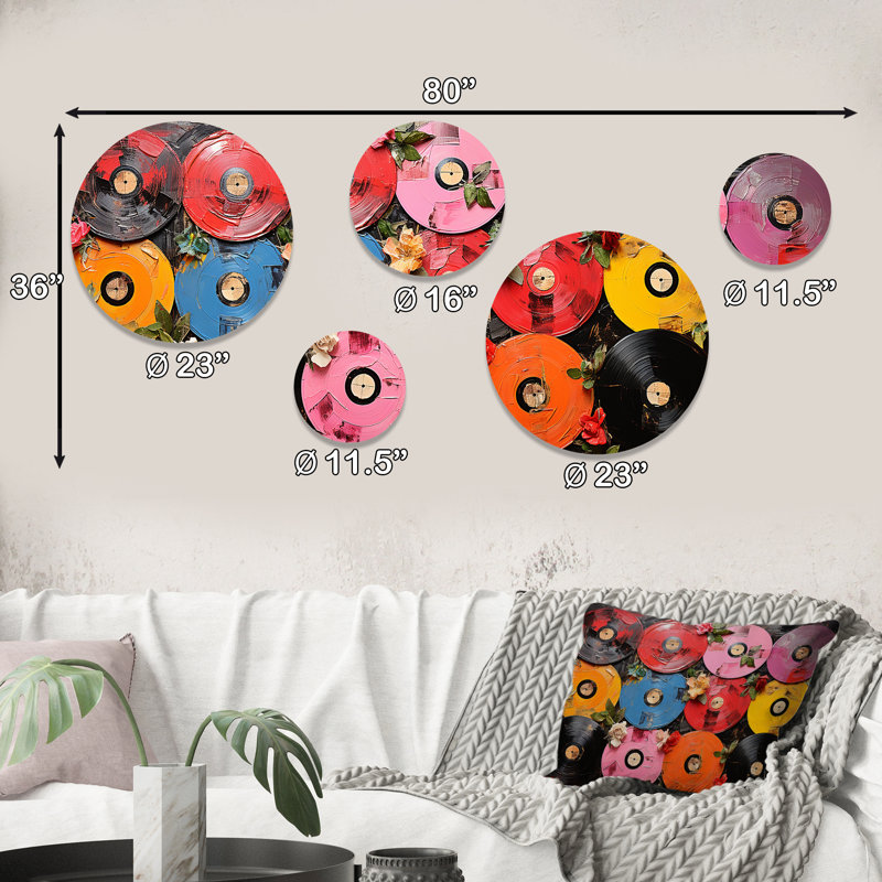 Colourful Vinyle disques Melody - Ensemble de 5 disques vinyles muraux ronds