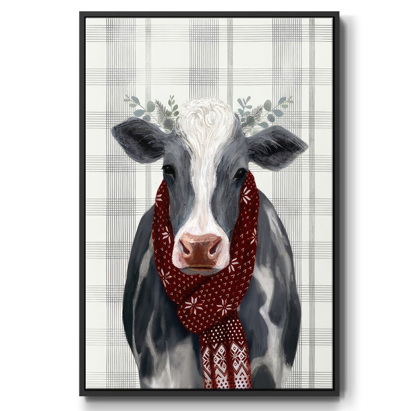 Toile tendue avec châssis Yuletide Cow II, Cadre flottant noir, H 25 po x l 17 po x P 1,5 po