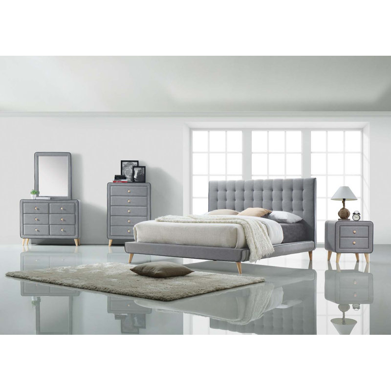 Commode 6 tiroirs Valda, tissu gris clair