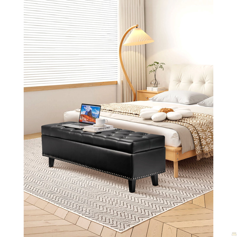 Button-Tufted Storage Ottoman Bench Pu Leather Bench With Wood Legs