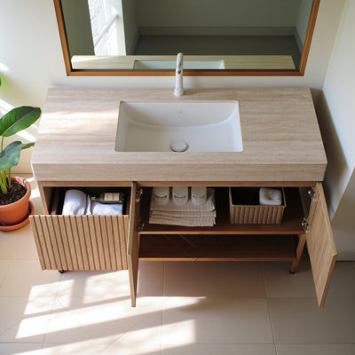 Meuble-lavabo mural 48 po avec lavabo, meuble de rangement mural en contreplaqué avec tiroir et 2 portes, comptoir à motif de travertin avec lavabo, couleur chêne blanc pré-assemblé