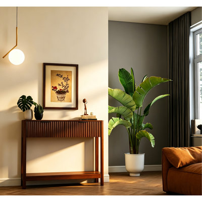 Console Mid-Century moderne cannelée avec 2 tiroirs et tablette ouverte, table d'entrée étroite à finition noyer, table de canapé mince pour le couloir, salon, petits espaces, assemblage facile