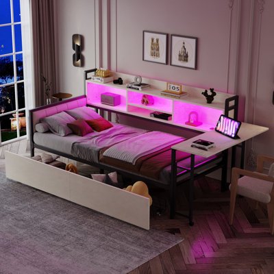 Metal Storage Bed With LED Lighting And Drawers
