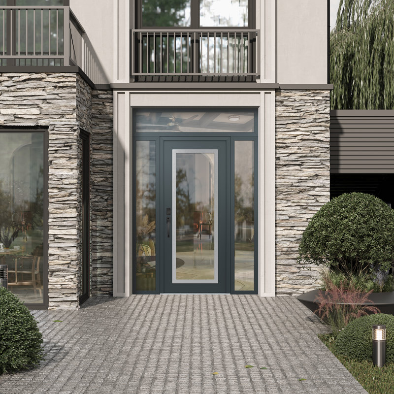 Panneau d'entrée en acier argenté anthracite / anthracite avec panneau latéral et porte d'entrée pré-suspendue à traverse