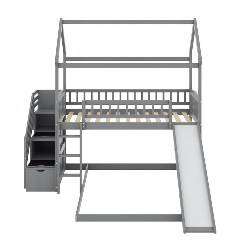 Twin Over Full Bunk Bed With Slide, Gray