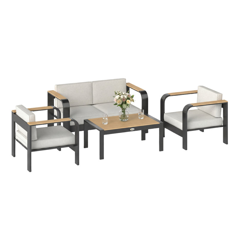 Outsunny 4 Seater Aluminium Garden Furniture Set Olefin Cushions Beige