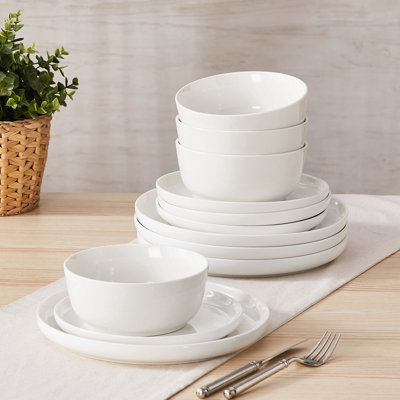 Service de table 12 pièces en céramique blanche 12 pièces - Service de vaisselle de style moderne pour 4 personnes, comprenant assiettes, assiettes à salade et bols - Articles essentiels pour les Fêtes, les mariages et les dîners
