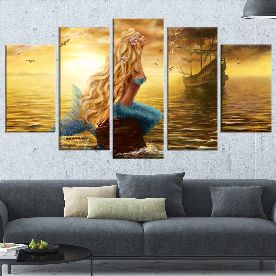 " Sea Mermaid With Ghost Ship " 5 - Pieces Design Art
