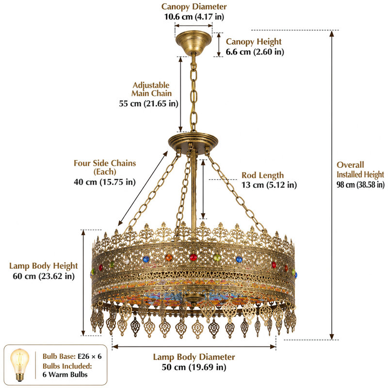 Lustre marocain à 6 lumières avec ferronnerie ouvragée et pierres colorées