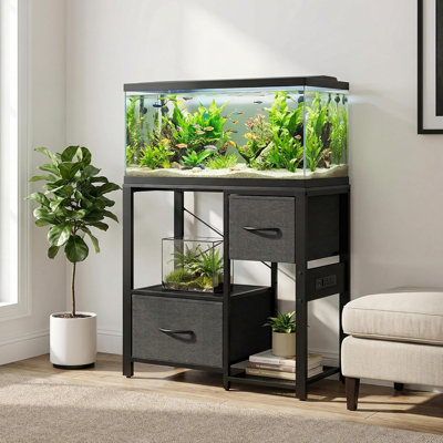Prises de courant et robustesse - Support d'aquarium en métal et en bois à 4 niveaux avec tablettes de rangement ouvertes, 2 tiroirs, pieds robustes - Convient aux aquariums et terrariums de 20 à 37 gallons - Fiery Clouds