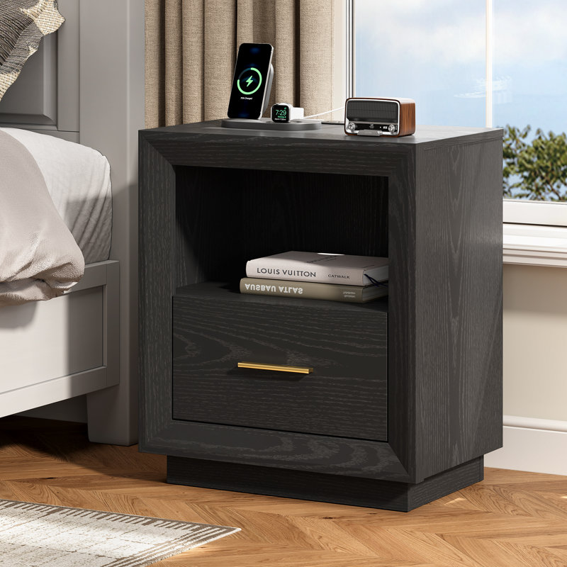 Table de chevet avec 2 prises CA, 1 port USB et 1 port de type C, Noir-1 pièce