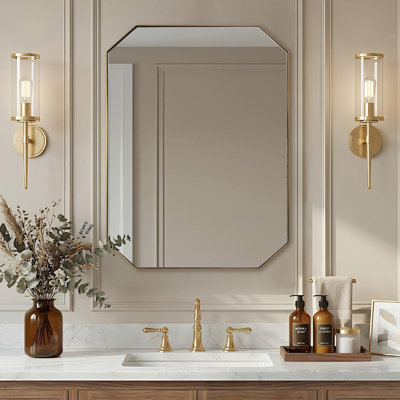 Contemporary Cut Corner Octagonal Scalloped Bathroom Vanity Mirror | Stainless Steel Frame