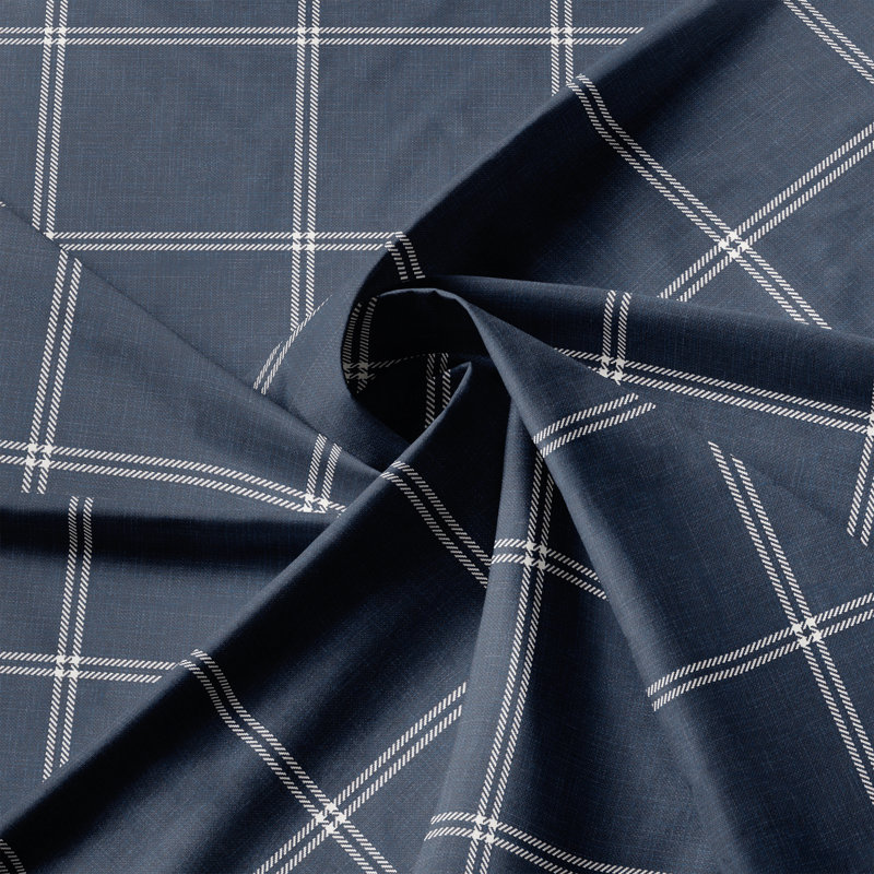 Shay Window Pane Dark Denim Cotton Bedskirt, 18", Queen